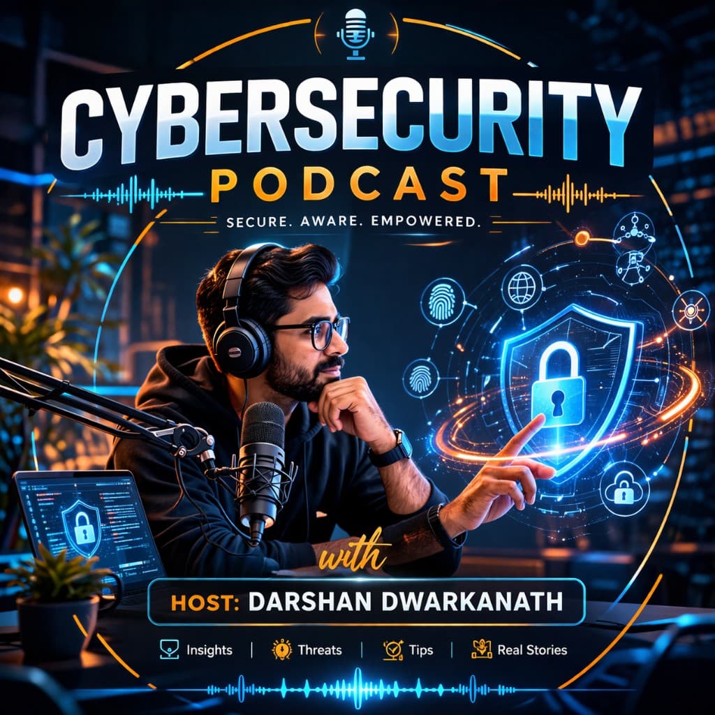 Cybersecurity Podcast — host Darshan Dwarkanath. Tagline: Secure. Aware. Empowered. Topics include insights, threats, tips, and real stories.